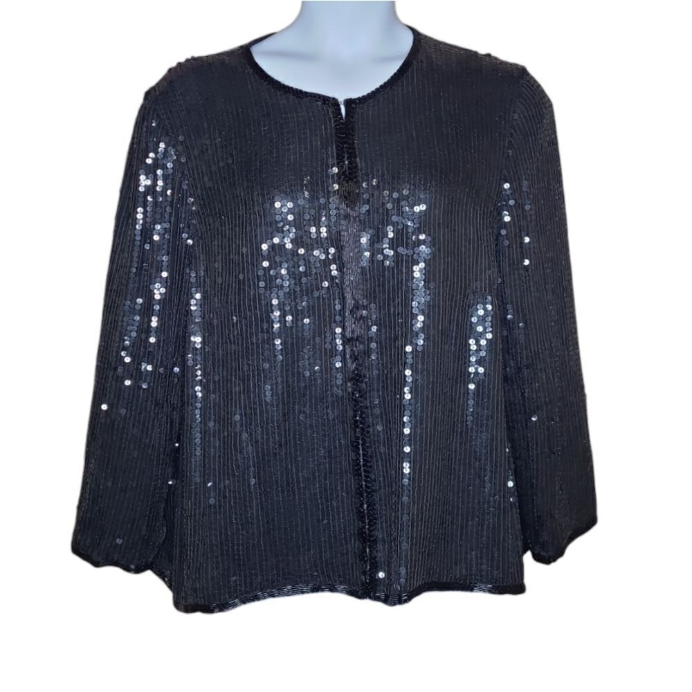 VINTAGE 80s black silk sequin shiny goth blazer‎ jacket coat XL